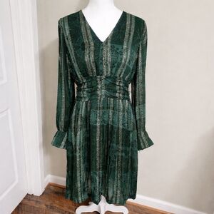 CIEBON Onella Metallic Stripe Chiffon Midi Dress Green Gold NWT Size L